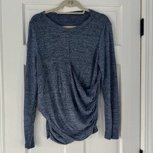 Emery Rose Blue Marled Wrap Front Top Asymmetrical Hem Ruched Long Sleeve Size M